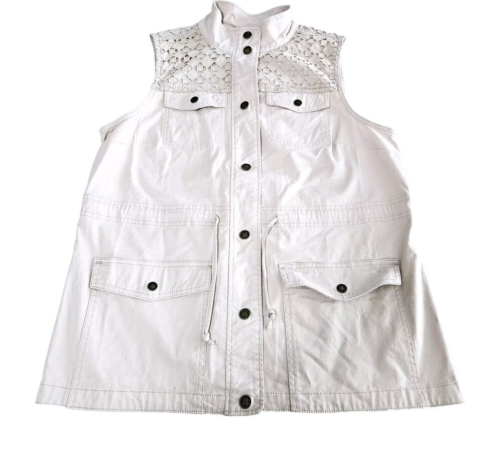 Liz Claiborne Womens Vest Beige Size 12 Cotton Blend Stretch Buttons Pockets